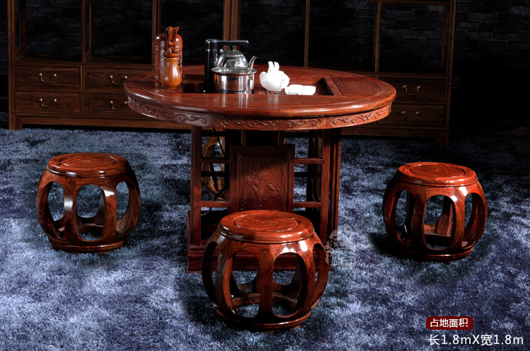 供应红木家具花梨木茶桌圆形实木功夫茶台刺猬紫檀仿古中式茶桌椅组合