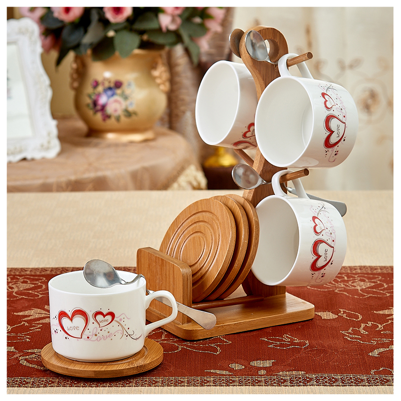创意陶瓷木架咖啡杯套装，时尚高档创意陶瓷木架咖啡杯套装图片