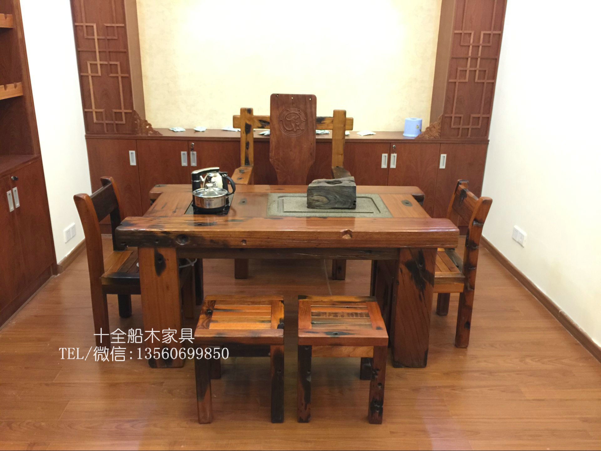 天津古船木家具茶桌椅组合泡茶台