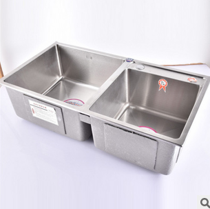 妙浴厨房双槽水槽 304不锈钢手工拉丝洗菜盆加厚水盆一体水槽图片
