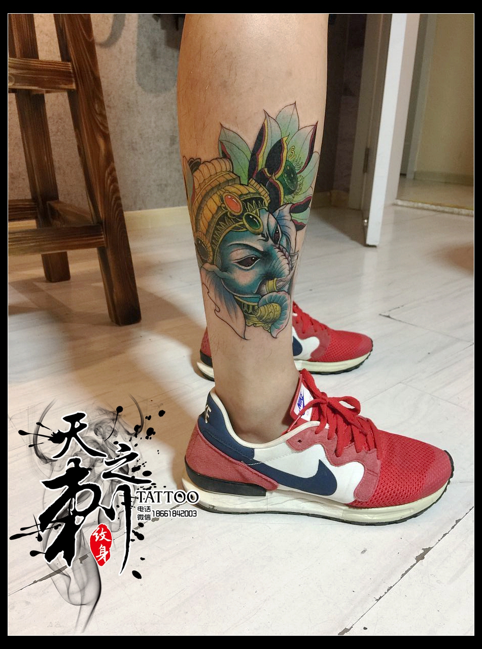 青岛纹身 小腿象神纹身图案