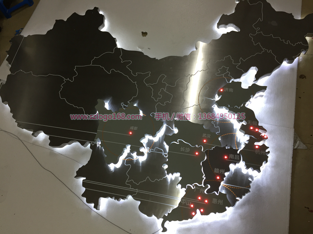深圳做中国地图发光LOGO 世界地图发光标志 背面发光地图制作厂家
