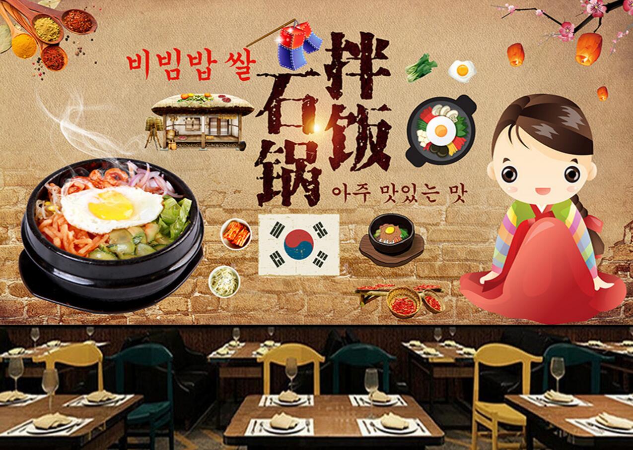 韩国料理无缝壁画 厂家直销韩式餐厅背景墙效果图