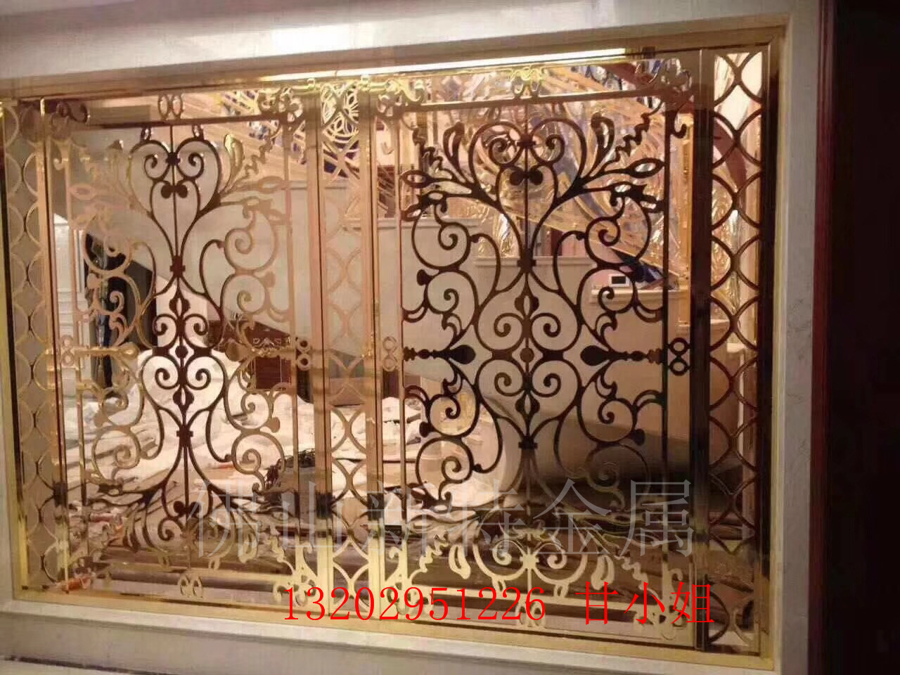 杭州酒店大厅铝艺屏风古铜色镂空隔断订做图片