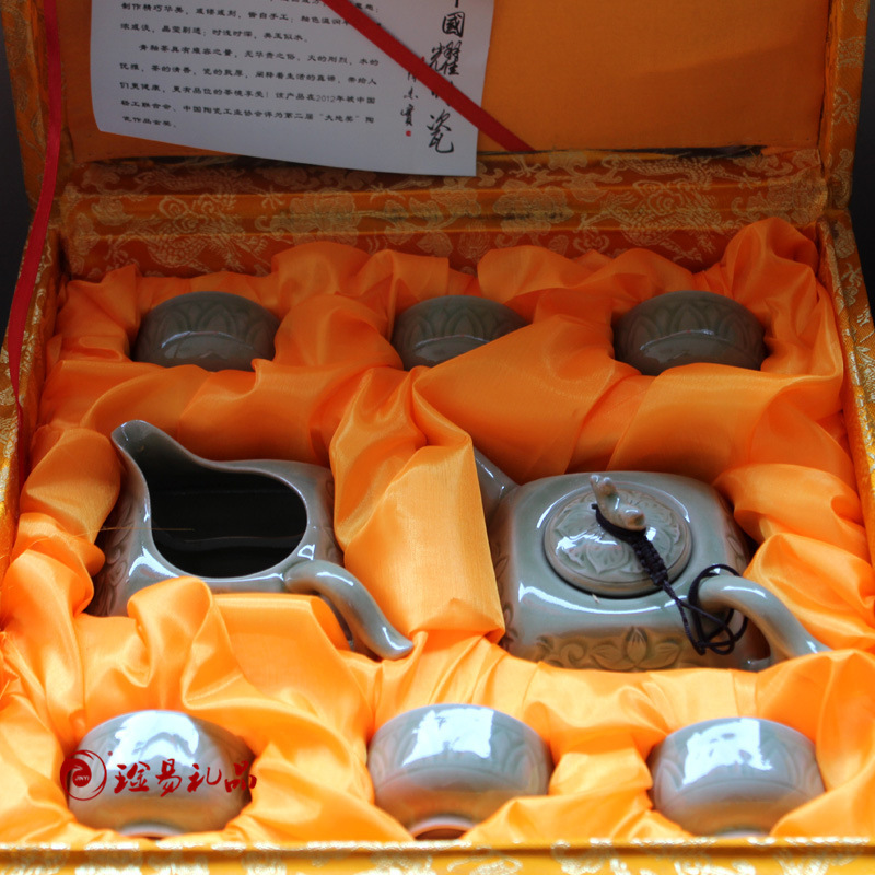 批发陕西耀州瓷 茶具套装 礼盒 耀州瓷茶具六件套 陶瓷工艺品 陶瓷茶具图片
