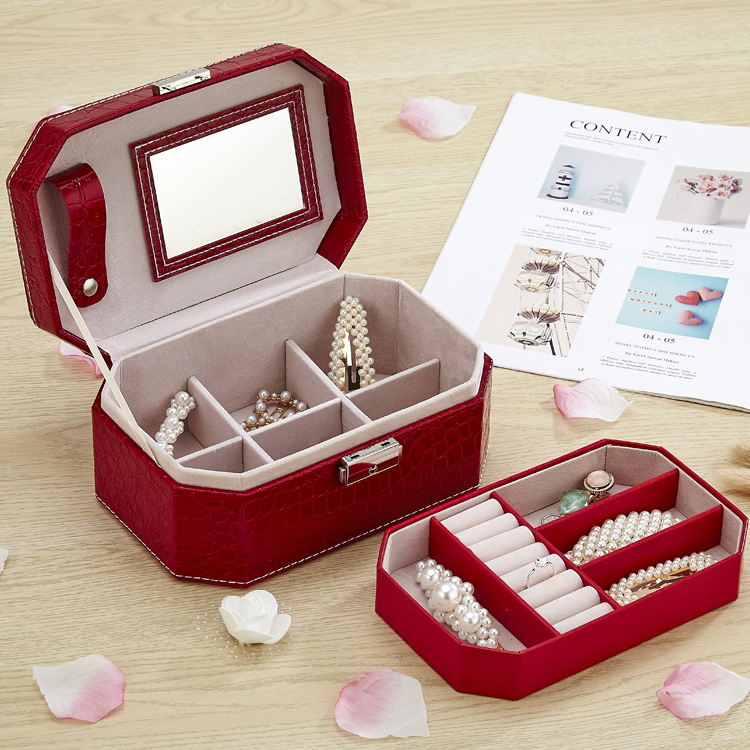 欧式首饰品收纳盒韩国公主手提双层首饰盒化妆盒珠宝盒带镜子图片