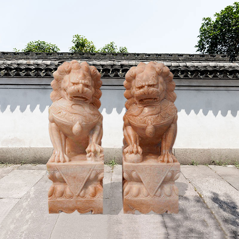 石雕汉白玉晚霞红狮子动物雕塑批发