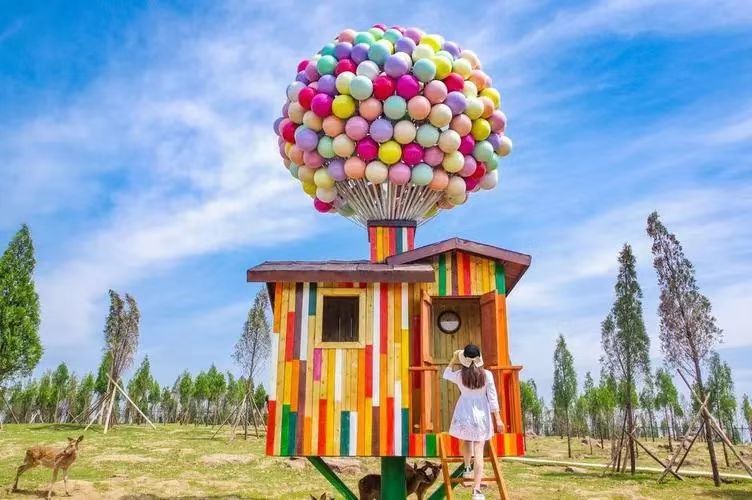 飞屋环游记现实版仿真模型景区卡通创意气球彩色木质小屋美陈装饰